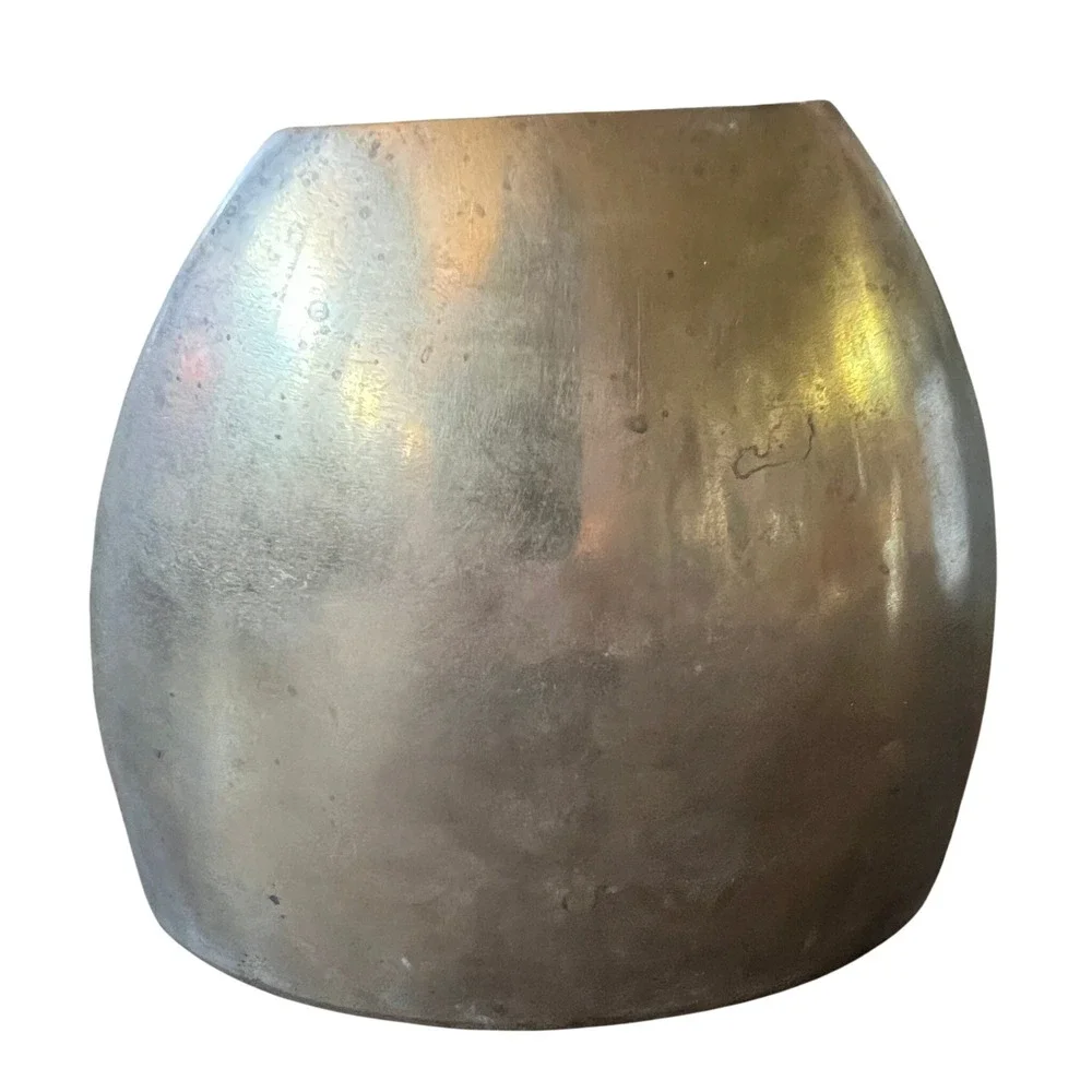 Vintage Aged Modernist Brass Vase Sculptural Elliptical Vessel Mid Century Decor
